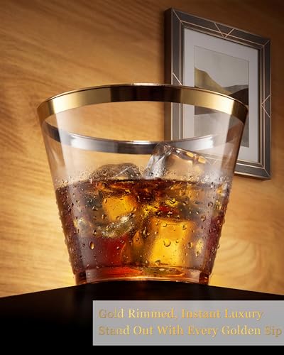 Nervure 240PCS Gold Plastic Cups - 9Oz Gold Rimmed Plastic Cups - Heavy Duty Disposable Clear Cup with Gold Rim Perfect for Weddings, Receptions & Parties