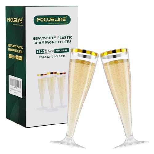 FOCUSLINE 50 Pack Plastic Champagne Flutes, 4.5 Oz Gold Rim Disposable Champagne Glasses for Wine, Cocktails, Mimosas, Disposable Clear Toasting Glasses, Perfect for Parties and Any Celebrations
