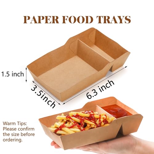 SOUJOY 100 Pack Food Serving Tray, 2 Compartment Disposable Kraft Nacho Boat Tray, Grease Resistant Heavy Duty Paperboard, Take Out Fast Food Snack Holder Container for Party