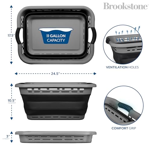 BROOKSTONE 11 GALLON XL 24" Collapsible Laundry Basket & Clothes Hamper, Comfort Non-Slip Handles, Modern Laundry Hamper with Space Saving Design, Portable Pop-Up Hamper, BPA FREE, Grey, 1 Pack