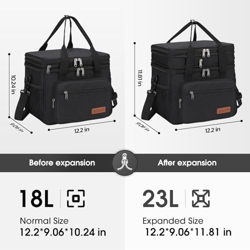 Maelstrom Lunch Box, 23L Insulated Lunch Bag, Expandable Double Deck Cooler Bag, Lightweight Leakproof Tote Bag With Side Tissue Pocket, Suit For Men and Women (A. Black)