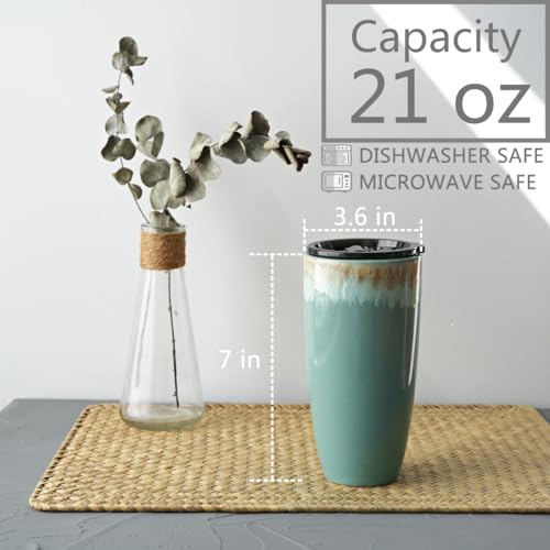 Bosmarlin Ceramic Travel Coffee Cup with Lid, 21 oz, Portable Coffee Mug for Car Cup Holder, Microwave Safe, Reactive Glaze (Peacock Blue)