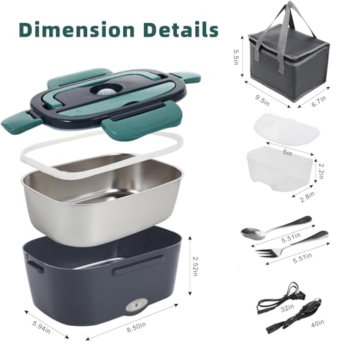 Electric Lunch Box Food Heater, 80W Portable Warmer for Car Truck Work with 304 Stainless Steel Container, 12V/24V/110V Green Heated Lunch Box Suitable for Ideal Driver/Work/Gift