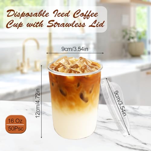 Clear Plastic Cups with Lids, 16 oz, 50 Pack Disposable Beverage Containers for Iced Coffee, Smoothie, Milkshake, Cold Drinks, Party Catering