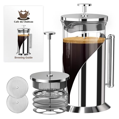 Cafe Du Chateau Stainless Steel French Press Coffee Maker 34 oz - Easy to Use Insulated Coffee Press with 4-Level Filtration, Manual Brewer for Tea, Camping & Travel with BPA Free, Durable Clear Glass