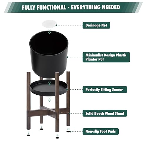 D'vine Dev Planter Pot with Stand - 14 Inch Plastic Cylinder Flower Pot with Wood Planter Holder for Indoor, Matte Black Pot + Walnut Color Stand