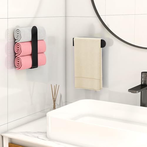 Hand Towel Holder, Self Adhesive Towel Racks for Bathroom Wall Mounted, 8 Inch Square Hand Towel Bar Stick on Wall for Kitchen Cabinet RV, Black (2 Pack)
