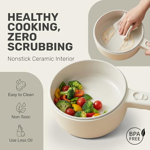 CERAMAX PRO Electric Hot Pot with Lid & Steamer, 1.5L Non Toxic Ceramic Cooker Skillet for Ramen, Eggs, Pasta for Dorms, Camping, RVs, Work, Adjustable Temp. - New Improved 2026 Model
