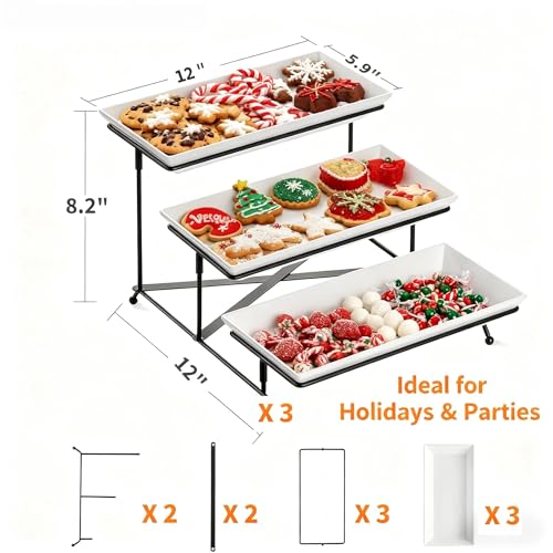 3 Tier Serving Tray, 12" White Plastic Tiered Food Serving Platters, Reusable Tray Stand Black Collapsible Metal Stand with Stable Cross Bars, Party Display Stands for Veggie Fruit, Dessert