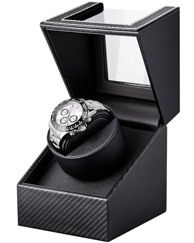Watch Winder for Automatic Watches: Automatic Single Watch Winder Box with Japanese Quiet Motor, Rotating Watch Case in Black Carbon Fiber Leather, Gifts for Men & Collectors