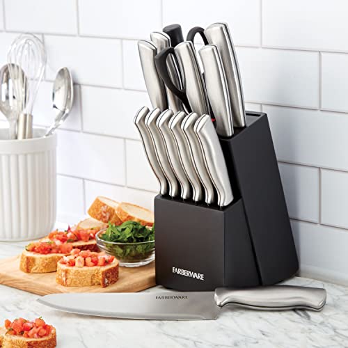 FARBERWARE 15-Piece Kitchen Knife Set with High-Carbon Stainless Steel Blades, Black Handles, Steak Knives, Wood Block, Razor Sharp and Ergonomic