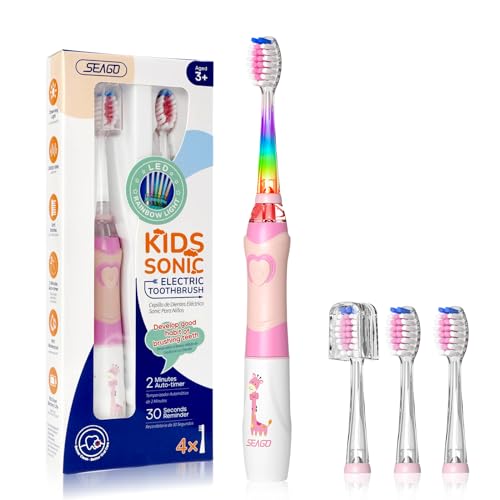 SEAGO Kids Electric Toothbrush with 2 Mins Brushing Timer and 4 Replacement Brush Heads, Rainbow LED Light Makes Brushing Fun, Boys Battery Powered Toothbrush for 4-12 Years Old,SG-977(Pink)