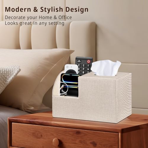 PU Leather Square Tissue Box Cover - Multi-Functional Tissue Box Holder, Tissue Box Cover with Storage,Tissue and Remote Control Holder, Cube Tissue Box Organizer Bedroom Nightstand End Table