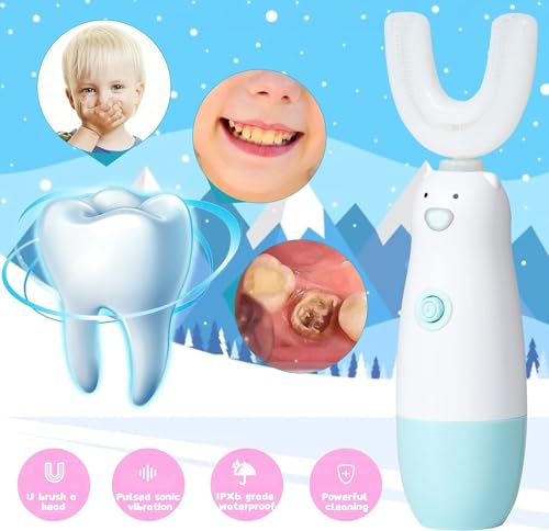 Meqtpomy Kids Electric Toothbrush,Toddler Toothbrush Waterproof Battery Powered 360 Automatic Sonic u Shaped Toothbrushes for 2-7 Years Old for Boys Girls,with 2 Replacement Brush Heads(Blue)
