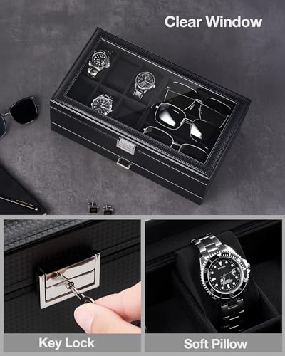 ProCase Mens Jewelry Box, Lockable 6 Slot Watch Case & 3 Slot Sunglasses Organizer, 2-layer Mens Jewelry Organizer Watch Box for Men, Watches Holder Display Storage, Fathers Day Gift -AllBlack