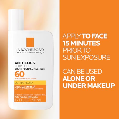 La Roche-Posay Anthelios Light Fluid Facial Sunscreen SPF 60, Lightweight Sunscreen For Face, Fluid Texture, Broad Spectrum SPF + Antioxidants, Oil Free & Oxybenzone Free, Travel Size 1.7 Fl. Oz.