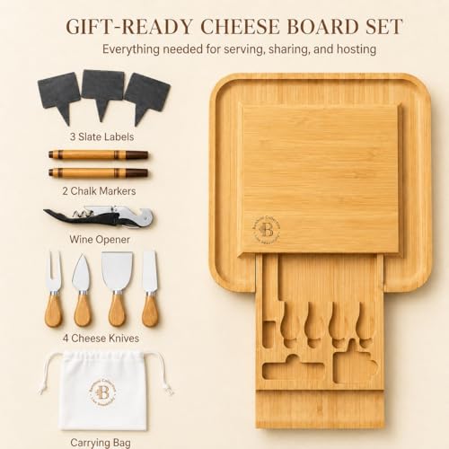 Charcuterie Boards Gift Set - Bamboo Cheese Board Set with Serving Knives, Meat Cheese Platter for Hosting Party Entertaining - Gifts for Women, Mom Dad, Wedding, Birthday, House Warming Gift New Home