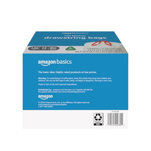 Basics 13 Gallon Tall Kitchen Drawstring Trash Bags, Unscented, 10% Post Consumer Recycled, 120 Count, White