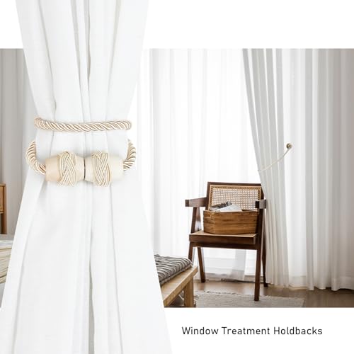 Curtain Tiebacks Magnetic Rope Tie Backs Handmade Curtains Holders for Drapes Outdoor Decorative Window Holdbacks, Beige 4Pack
