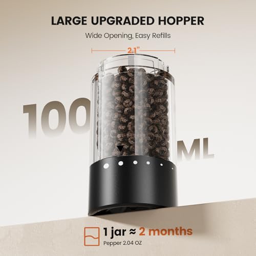 Electric Salt and Pepper Grinder Set - Rechargeable Automatic Salt and Pepper Shakers, Kitchen Appliances with External Adjustable Coarseness, Larger Hopper for Cooking, Home Gifts(2 Pack,Black/Black)