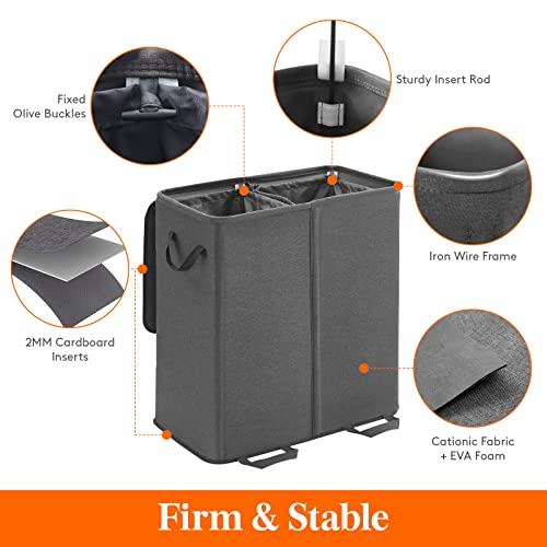 Lifewit Double Laundry Hamper with Lid and Removable Laundry Bags, Large Collapsible 2 Dividers Dirty Clothes Basket with Handles for Bedroom Laundry Room Closet Bathroom College, 136L Black