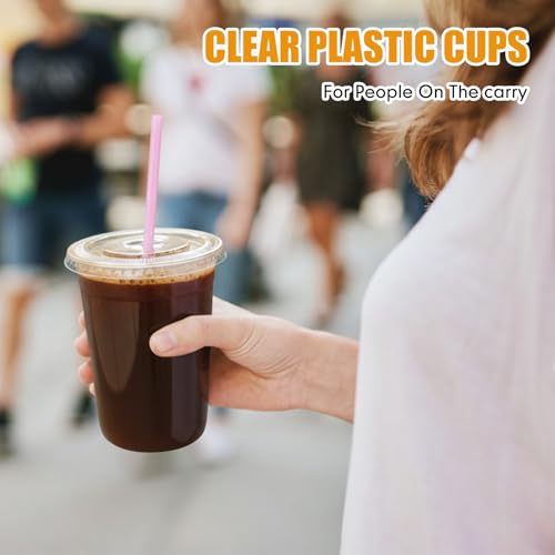 Ziliny 50 Pack 16 oz Clear Plastic Cups with Lids and Straws Disposable Iced Coffee Cups Round Bottom To carry Cup for Coffee Smoothie Cold Drinks Juice Milkshake Tea (Pink)