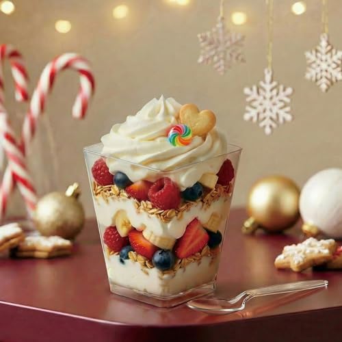Hiasobre 50Pack 5oz Square Plastic Dessert Cups with Spoons, Reusable Clear Parfait Appetizer Cups, Mini Party Trifle Shooter Serving Cups, Dessert Shot Glasses for Tasting