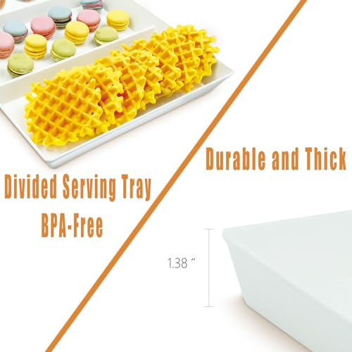 Divided Serving Tray Platter, 4 Pack 15" x 10" Fruit Veggie Food Tray for Party, Plastic Serving Trays for Appetizer, Snack, Dessert, Cookie, Brunch Decorations Platters, White Trays BPA-Free