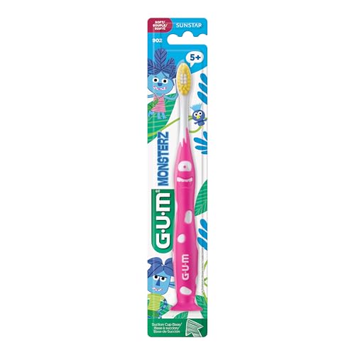 GUM Monsterz Jr Kids Toothbrush, Soft Bristles with Suction Cup Base, Ages 5+, 1 Count (Pack of 6)