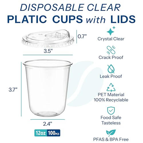 Homestockplus 100 Pack 12 oz BPA-Free Clear Plastic Cups with Sip Lids - Leak-Proof Round Bottom Disposable Iced Coffee Cups for Kids, To-Go Drinks, Smoothies, Juice & Small Portion Cold Beverages