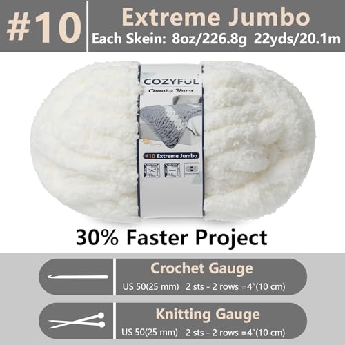 Cozyful Chunky Yarn for Hand Knitting - #10 Chunky Chenille Yarn, Jumbo Big Thick Chunky Yarns for Crocheting, Super Bulky Chunky Knit Blanket Yarns, 8 Skein (22 yds 8 oz Each Skein), Cream