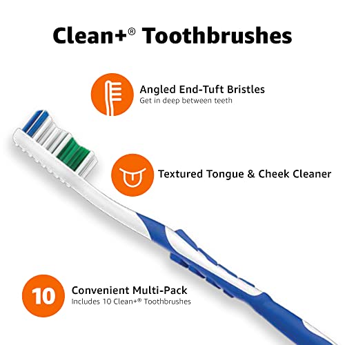 Basics Clean Plus Soft Bristle Toothbrushes with Angled End-Tuft, Cheek and Tongue Cleaner, Full Size, 10 Count, 1 Pack (Previously Solimo)