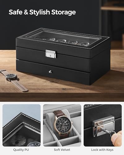 SONGMICS Watch Box, 12-Slot Watch Case Organizer with Large Glass Lid, 2 Layers, Removable Pillows, Metal Lock, Gift for Loved Ones, Black Synthetic Leather, Gray Lining UJWB012