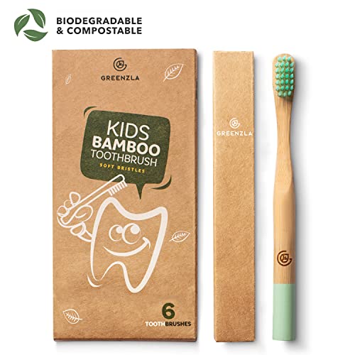 GREENZLA Kids Bamboo Toothbrushes, Natural Toothbrush Set, Soft Bristles, Durable Charcoal Wooden Brushes, Compostable Design for Toddlers and Children, 6 Pack