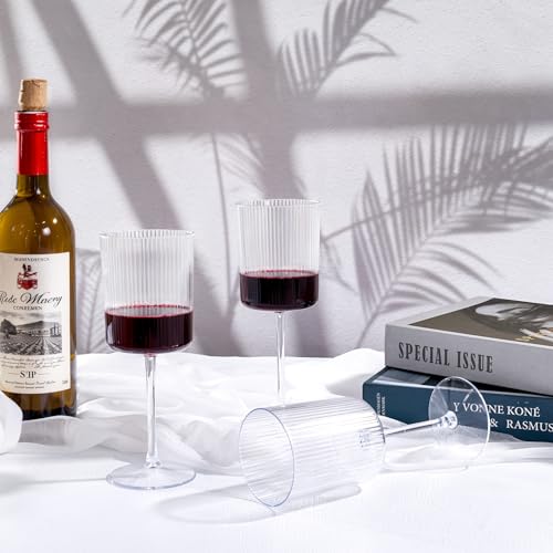 YOUBET 24 Pack Plastic Ribbed Wine Glasses - 10 OZ Clear Square Wine Glasses with Stem - Heavy Duty Vintage Disposable Champagne Cups for Wedding Parties