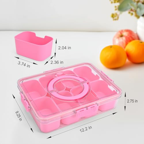 Snackle Box Container, 8 Compartment Divided Serving Tray with Lid and Handle, Snack Box Container for Candy, Fruit and Snacks, Great for Gatherings, Outings, Parties and Entertaining(Pink)