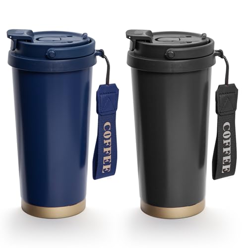 2 Pack 17oz Insulated Coffee Mug, Leakproof Travel Coffee Tumblers With Strap, Vacuum-Insulated Stainless Steel Reusable Coffee Cup for Hot & Cold Drinks