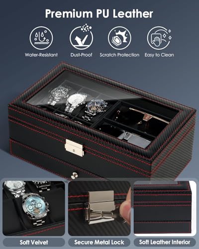 Kukikan Watch Jewelry Box Organizer, 6-Slot 2-Layer Watch Case and Sunglasses Storage with Large Glass Lid, Men's Jewelry Box with Lock, Watch Holder Display Case, Fathers Day Gift for Dad