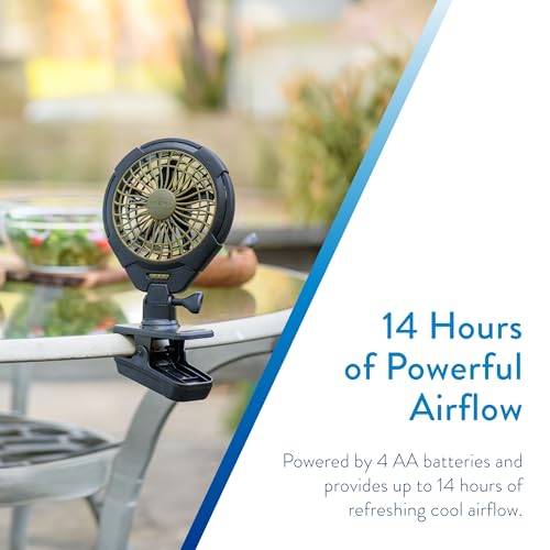 Treva 5 Inch Battery Powered Clip Slim and Portable Cooling Fan with Clamp for Travel, Outdoor,Camping, Car, Office Desk, Baby Stroller - Multi-Directional Rotating and Adjustable Head, Khaki (FC05005)