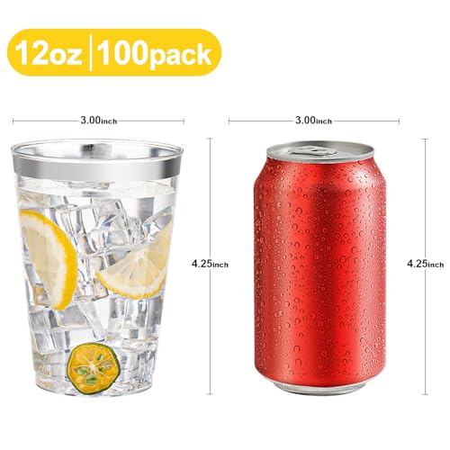 BESTVIP 12oz Silver Plastic Cups, 100 Pack Silver Rimmed Disposable Cups, Heavy-duty Party Cocktail Glasses for Christmas, Plastic Cups for Party, Holiday, Wedding and Birthday