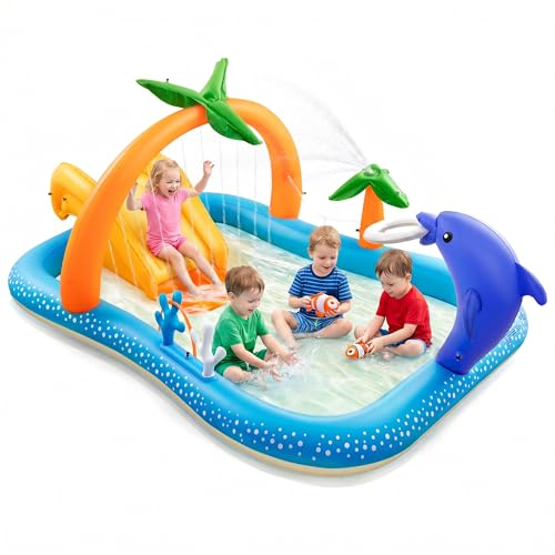 Kiddie Pool with Slide Inflatable Play Center Wading Lounge Kids Pool, Coconut Palm Sprinkler, Water Game Play Center 95''x75''x40'', Blue