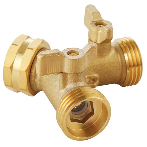 Garden Hose Splitter 2 Way Heavy Duty, Outdoor Faucet Splitter 2 Way, Solid Brass Spigot Splitter Hose Y Splitter with Shutoff Valve