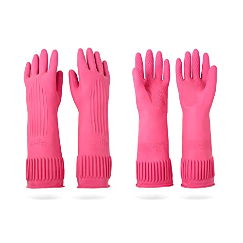 DABOGOSA Mamison 2 Pairs Reusable Waterproof Household Dishwashing Cleaning Rubber Gloves, Non-Slip Kitchen Glove (Pink, Medium (Pack of 2))