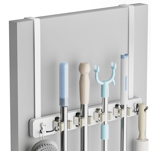 Lorbro Broom Holder Door Mount, Wood Over the Door Broom and Mop Holder