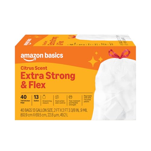 Basics Extra Strong & Flex Tall Kitchen Drawstring Trash Bags, Citrus Scent, 13 Gallon, 40 Count