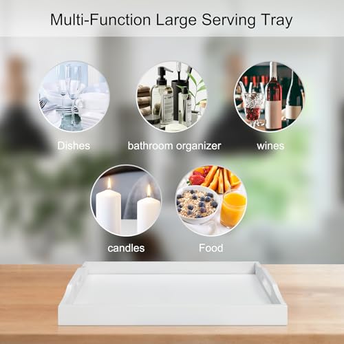 Bamboo Food Serving Tray with Handles, Breakfast Bed Tray for Tea,Snack,Dinner, Home Decorative Storage Food, Platter, Ottoman for Kitchen Counter, Bathroom, Restaurant (White)