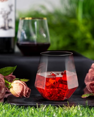 BESTSTAR 40 PCS Clear 12 Oz Plastic Wine Whiskey Glasses, Diamond Stemless Unbreakable Disposable Wine Glasses for Parties, Ideal for Weddings, Christmas, Halloween,Holidays,pool party,Daily Use