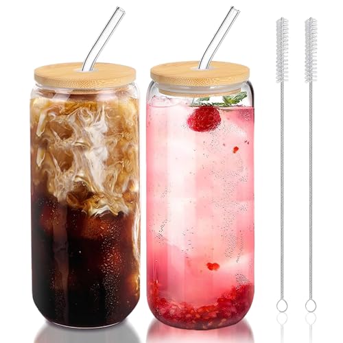 Glass Cups with Lids and Straws Set of 2 - Iced Coffee Cups with Lids for Cold Brew and Beer, 20 oz Can Shaped Glass with Bamboo Lids and Straws - Aesthetic Coffee Bar Gift for Coffee Lovers