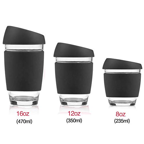 Reusable Glass Cup/Travel Mug Tumbler with Food-grade Silicon Cover Lid and Non-slip Sleeve, Dishwasher safe & microwavable - BPA, Lead and Cadmium Free (Black, 16oz)
