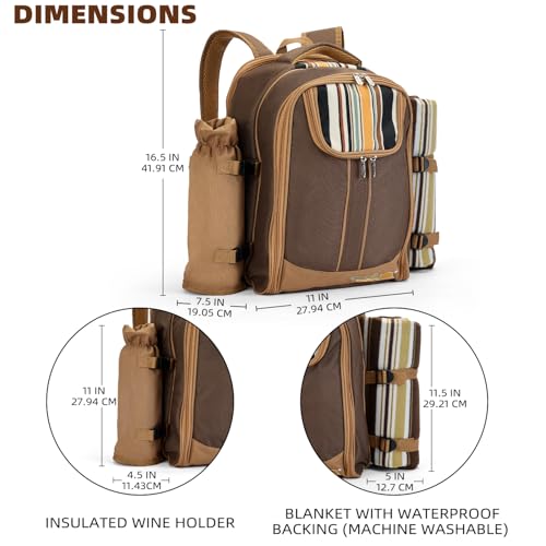 Apollo Walker Picnic Backpack Bag for 4 Person with Cooler Compartment,Wine Bag, Picnic Blanket(45"x53"),Best for Family and Lovers Gifts (Brown)